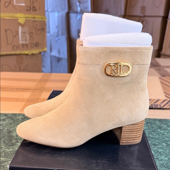 Ralph Lauren Beige Suede Ankle Booties with Gold RL Emblem - Picture 3 of 4
